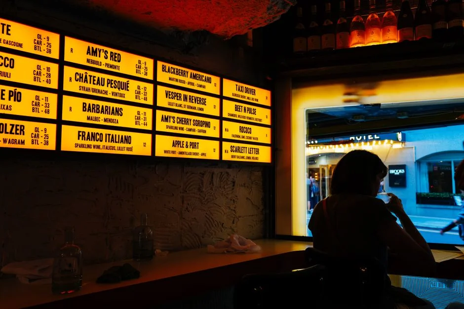 A dimly lit wine bar featuring a backlit menu board, creating a cozy ambiance. - 医疗器械的专利规避设计策略及实施方案design around