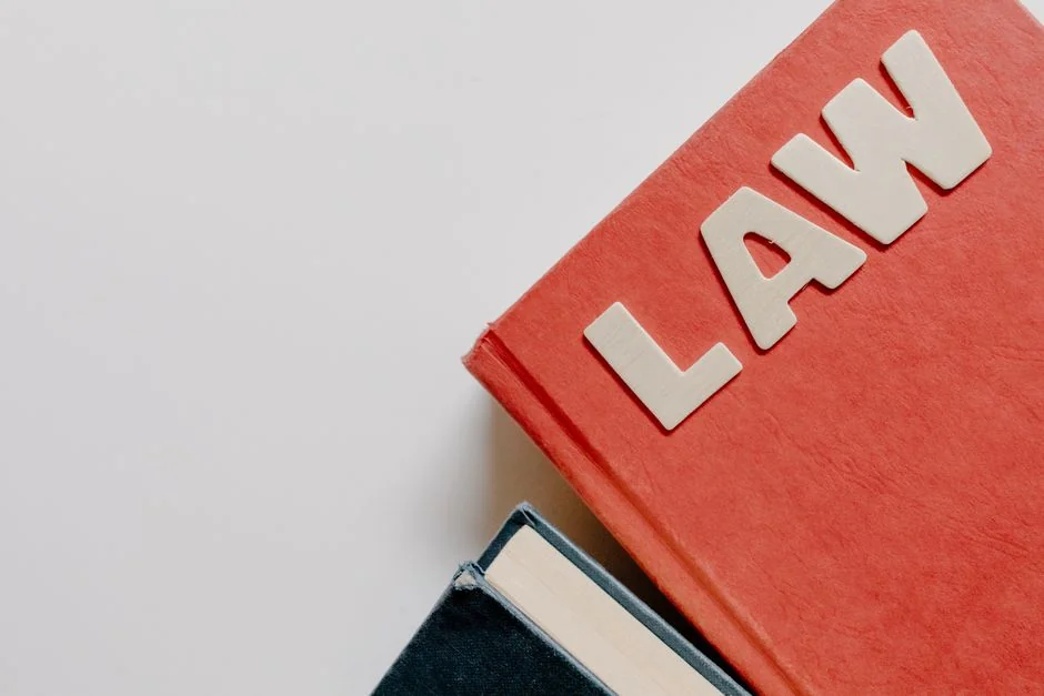 Red law textbook and dark book on white background, symbolizing education. - 人工智能领域专利布局指引a complete guide